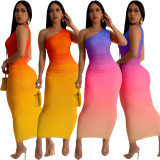 Casual Gradient Color One Shoulder Long Dress WAF-77649