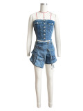 Single Breasted Wrap Top Denim Shorts Set CH-88010