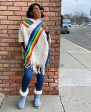 Rainbow Stripe Patchwork Tassel Hooded Poncho Top SMD-24017