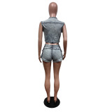 Fashion Sleeveless Vest Shorts Denim 2 Piece Set MEM-88553