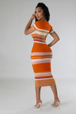 Knit Stripe Color Block Short Sleeve Midi Dress OSM-4454
