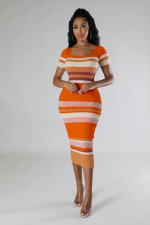 Knit Stripe Color Block Short Sleeve Midi Dress OSM-4454