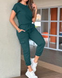 Solid Color Short Sleeve Pants 2 Piece Set JRF-3757