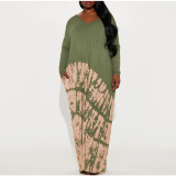 Plus Size Print V Neck Long Sleeve Maxi Dress GDAM-218361