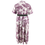 Plus Size Short Sleeve Belt Print Long Dress GDAM-003