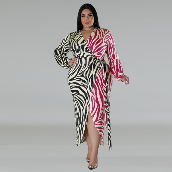 Plus Size Print Color Block Tie Up Midi Dress GDAM-218331