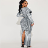 Plus Size Stripe Print Long Sleeve Split Long Dress GDAM-218369