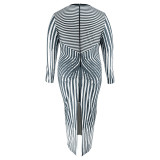 Plus Size Stripe Print Long Sleeve Split Long Dress GDAM-218369