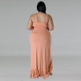 Plus Size Sleeveless Tank And Irregular Tassel Skirt Set GDAM-218388