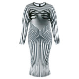 Plus Size Stripe Print Long Sleeve Split Long Dress GDAM-218369