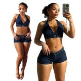 Sexy Halter Crop Tops And Shorts Denim 2 Piece Set MEM-88562