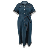 Plus Size Shorts Sleeve Tassel Denim Long Dress GDAM-218383