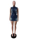 Fashion Sleeveless Drawstring Denim Mini Dress MEM-88574