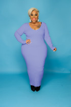 Plus Size Solid Color V Neck Solid Slim Maxi Dress WY-7119