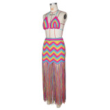 Crochet Wave Pattern Tassel Beach Cover-Up Skirt Set ZSD-0314