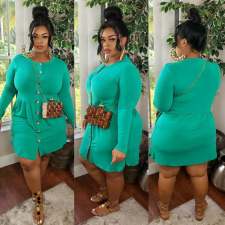 Plus Size Single-breasted Solid Long Sleeve Midi Dress WY-7096