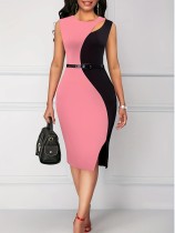 Color Block Sleeveless Irregular Belt Midi Dress YUF-10083