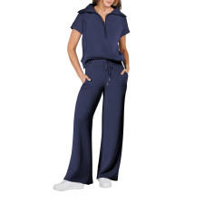 Short Sleeve Zipper Loose Pants Two Piece Set LM-8378