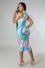 Colorful Print Sleeveless Slim Midi Dress BYMF-60636
