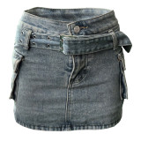 Fashion Washed Denim Belt Skirt WAF-77656