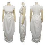 Round Neck Waist-slim Solid Color Long Dress YF-10725