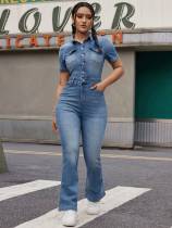 Fashion Single-breasted Short Sleeve Denim Jumpsuit LX-1380