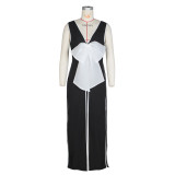 V-Neck Big Bow High Split Long Dress ZSD-0699