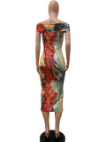 Multicolor Print One Shoulder Slim Midi Dress QODY-6024