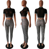 Sexy Mesh See Through Tops Pants Print 2 Piece Set HMS-6155