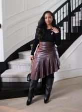 Irregular PU Splicing Half-body Leather Skirt QODY-6013