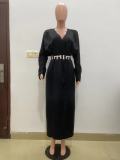 Long Sleeve V Neck Irregular Maxi Dress(Without Belt) QODY-6002