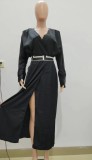 Long Sleeve V Neck Irregular Maxi Dress(Without Belt) QODY-6002