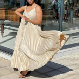 Solid Color Press Pleated Sling Maxi Dress GCZF-8571