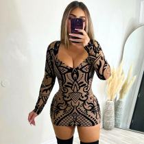 Sexy Long Sleeve Print Tight Mini Dress QODY-6009