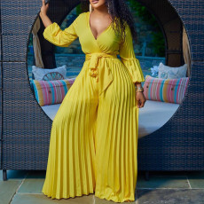 Plus Size V Neck Tie Up Pleated Solid Jumpsuit GCZF-C8468