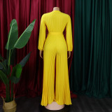 Plus Size V Neck Tie Up Pleated Solid Jumpsuit GCZF-C8468