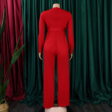 Solid Color Long Sleeve Tie Up Loose Jumpsuit GCZF-8502