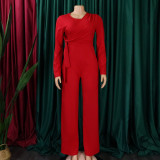 Solid Color Long Sleeve Tie Up Loose Jumpsuit GCZF-8502