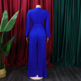 Plus Size V Neck Tie Up Pleated Solid Jumpsuit GCZF-C8468