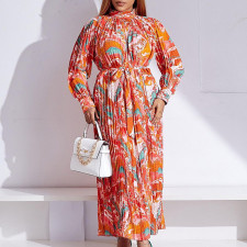 Long Sleeve Printed Pressed Pleat Tie Up Maxi Dress GCZF-8501