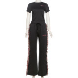 Letter Embroider T Shirt And Colorful Tassel Pants Suit XEF-40781