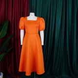 Solid Color Fashion Bubble Sleeve Midi Dress GCZF-D252-C2
