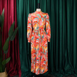 Long Sleeve Printed Pressed Pleat Tie Up Maxi Dress GCZF-8501