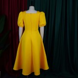 Solid Color Fashion Bubble Sleeve Midi Dress GCZF-D252-C2