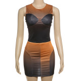Fashion PU Small Vest Clashing Color Skirt Set XEF-43228