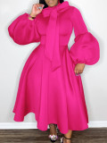 Bubble Sleeve Lace-Up Bow Big Hem Dress GCZF-C1-D427