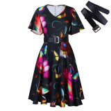 Short Sleeve Print Belt Midi Dress GCZF-8573