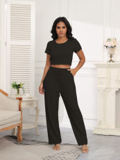 Casual Short Sleeve Solid Two Piece Pants Set SSNF-211433