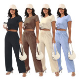 Casual Short Sleeve Solid Two Piece Pants Set SSNF-211433