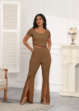 O Neck Tops And Split Loose Pants Two Piece Set SSNF-211432